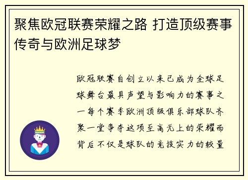 聚焦欧冠联赛荣耀之路 打造顶级赛事传奇与欧洲足球梦