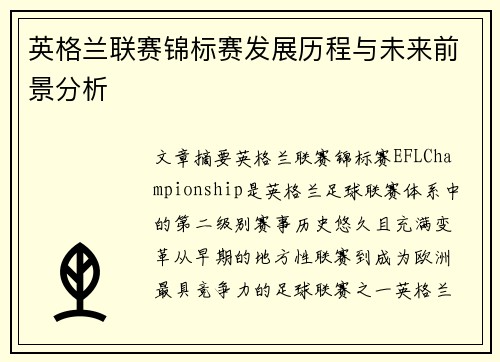 英格兰联赛锦标赛发展历程与未来前景分析