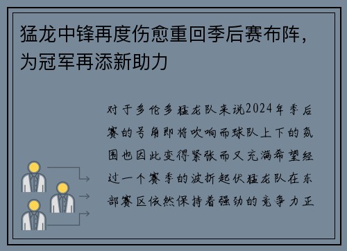 猛龙中锋再度伤愈重回季后赛布阵，为冠军再添新助力