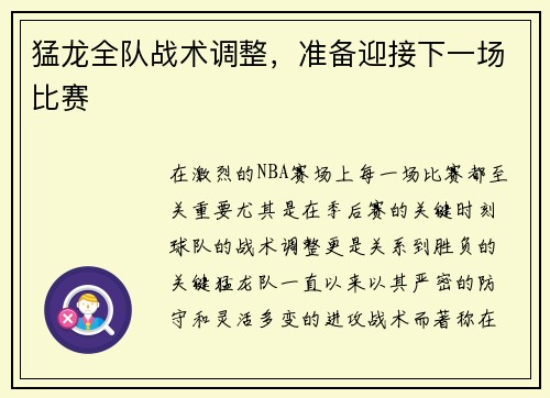 猛龙全队战术调整，准备迎接下一场比赛