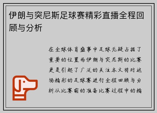 伊朗与突尼斯足球赛精彩直播全程回顾与分析